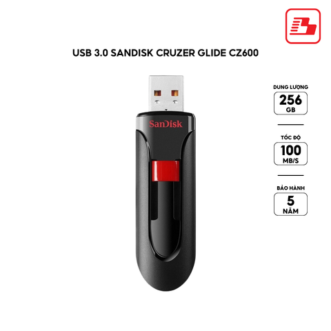 USB 3.0 SanDisk Cruzer Glide CZ600 256GB 100MB/s SDCZ600-256G-G35 - Bảo hành 5 năm