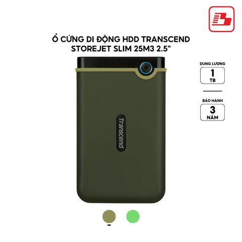 Ổ cứng di động HDD Transcend StoreJet Slim 25M3 2.5 1TB 5Gbps Xanh lính TS1TSJ25M3G - Bảo hành 3 năm
