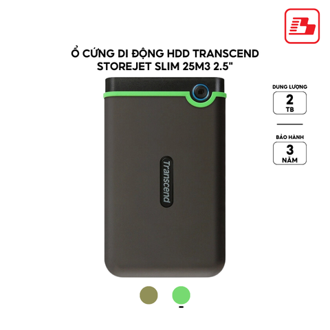 Ổ cứng di động HDD Transcend StoreJet Slim 25M3 2.5 2TB 5Gbps Xanh lá TS2TSJ25M3S - Bảo hành 3 năm