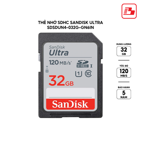 Thẻ nhớ SDHC Sandisk Ultra 32GB UHS-I 120MB/s SDSDUN4-032G-GN6IN - Bảo hành 5 năm