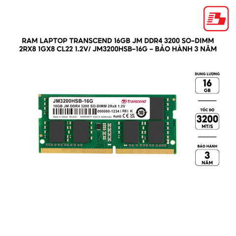 Ram Laptop Transcend 16GB JM DDR4 3200 SO-DIMM 2Rx8 1Gx8 CL22 1.2V JM3200HSB-16G - Bảo hành 3 năm