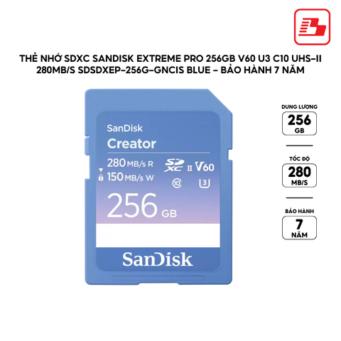 Thẻ nhớ SDXC SanDisk Creator 256GB V60 U3 C10 UHS-II 280MB/s SDSDXEP-256G-GNCIS Blue - Bảo hành 7 năm