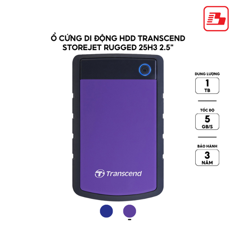 Ổ cứng di động HDD Transcend StoreJet Rugged 25H3 2.5 1TB 5Gbps Tím TS1TSJ25H3P - Bảo hành 3 năm