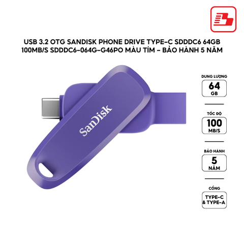 USB 3.2 OTG Sandisk Phone Drive Type-C SDDDC6 64GB 100MB/s SDDDC6-064G-G46PO màu tím - Bảo hành 5 năm
