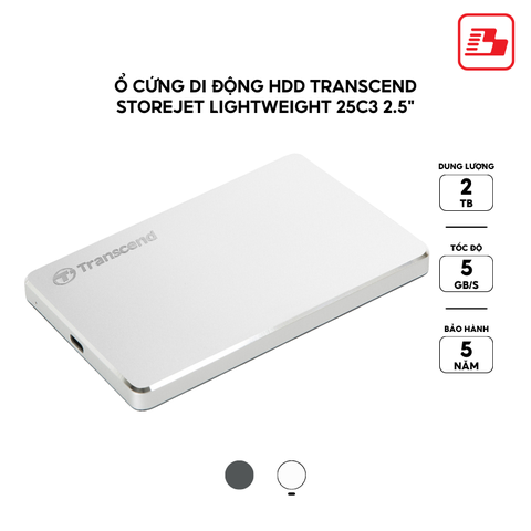 Ổ cứng di động HDD Transcend StoreJet Lightweight 25C3 2.5 2TB 5Gbps Bạc TS2TSJ25C3S -  Bảo hành 3 năm