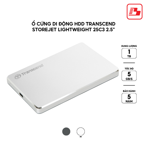 Ổ cứng di động HDD Transcend StoreJet Lightweight 25C3 2.5 1TB 5Gbps Bạc TS1TSJ25C3S -  Bảo hành 3 năm