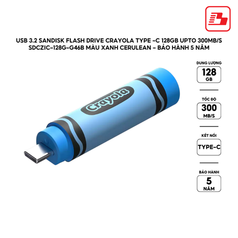 USB 3.2 SanDisk Flash Drive Crayola Type -C 128GB upto 300MB/s SDCZIC-128G-G46B màu xanh Cerulean - Bảo hành 5 năm
