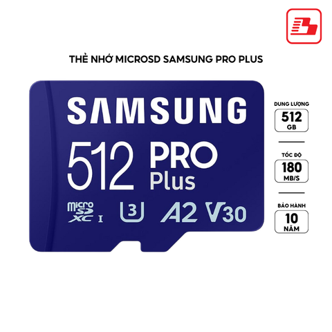 Thẻ nhớ microSD SamSung Pro Plus UHS-I kèm đầu đọc 3.0 512GB upto 180MB/s MB-MD512SB/WW - Bảo hành 10 năm