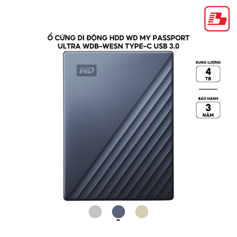Ổ cứng di động HDD Western Digital My Passport Ultra Type-C USB3.0 2.5 4TB 5Gbps Xanh WDBFTM0040BBL-WESN -  Bảo hành 3 năm