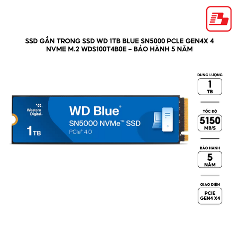 SSD gắn trong SSD WD 1TB Blue SN5000 PCle Gen4x 4 NVMe M.2 WDS100T4B0E - Bảo Hành 5 năm