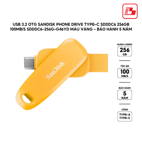 USB 3.2 OTG Sandisk Phone Drive Type-C SDDDC6 256GB 100MB/s SDDDC6-256G-G46YD màu vàng - Bảo hành 5 năm