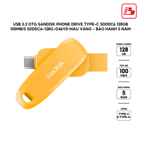 USB 3.2 OTG Sandisk Phone Drive Type-C SDDDC6 128GB 100MB/s SDDDC6-128G-G46YD màu vàng - Bảo hành 5 năm