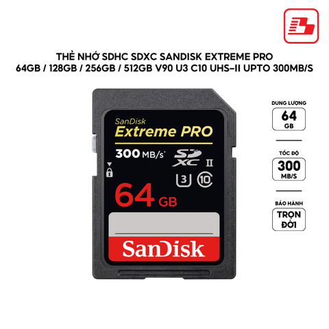 Thẻ nhớ SDXC Sandisk Extreme Pro 64GB V90 U3 C10 UHS-II 300MB/s SDSDXDM-064G-GN4IN - Bảo hành trọn đời