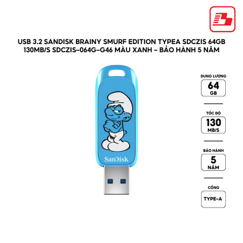 USB 3.2 Sandisk Brainy Smurf Edition TypeA SDCZIS 64GB 130MB/s SDCZIS-064G-G46 màu xanh - Bảo hành 5 năm