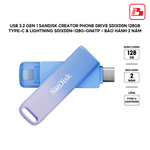 USB 3.2 Gen 1 Sandisk Creator Phone Drive SDIXD0N 128GB Type-C & Lightning SDIXD0N-128G-GN6TP - Bảo hành 2 năm