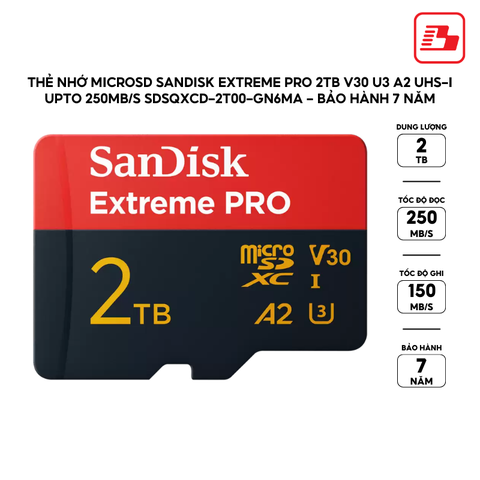 Thẻ nhớ MicroSD SanDisk Extreme Pro 2TB V30 U3 A2 UHS-I upto 250MB/s SDSQXCD-2T00-GN6MA - Bảo hành 7 năm