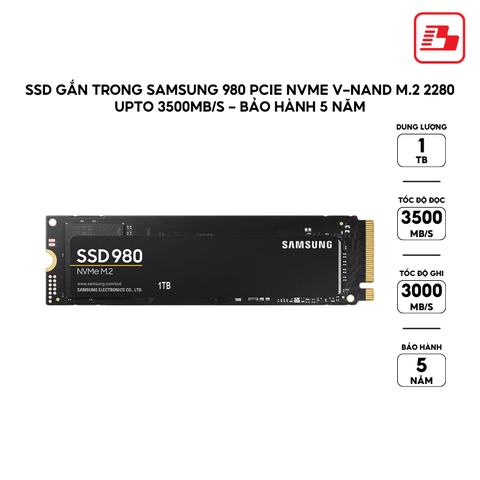 SSD gắn trong Samsung 980 1TB PCIe NVMe V-NAND M.2 2280 upto 3500MB/s MZ-V8V1T0BW - Bảo hành 5 năm