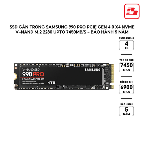 Ổ cứng gắn trong Samsung SSD 990 Pro 4TB M2 PCIe 4.0, MZ-V9P4T0BW - Bảo hành 5 năm