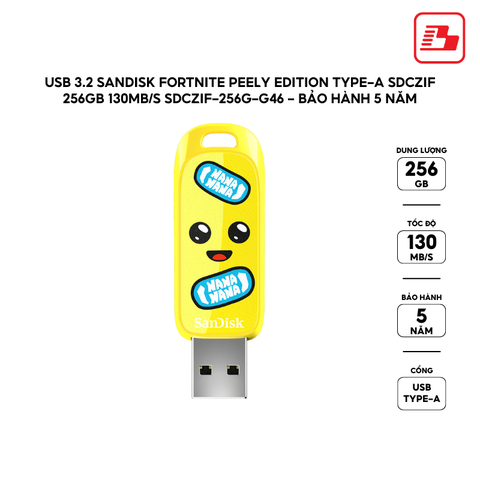 USB 3.2 Sandisk Fortnite Peely Edition Type-A SDCZIF 256GB 130MB/s SDCZIF-256G-G46 - Bảo hành 5 năm