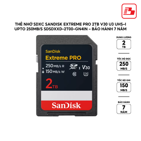 Thẻ nhớ SDXC SanDisk Extreme Pro 2TB V30 U3 UHS-I upto 250MB/s SDSDXXD-2T00-GN4IN - Bảo hành 7 năm