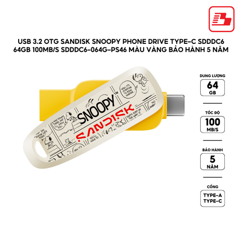 USB 3.2 OTG Sandisk Snoopy Phone Drive Type-C SDDDC6 64GB 100MB/s SDDDC6-064G-PS46 Màu Vàng - Bảo hành 5 năm