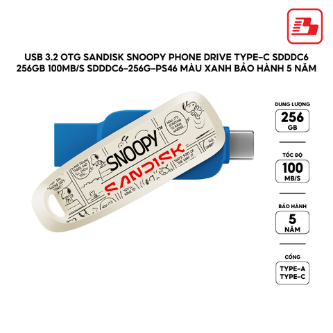 USB 3.2 OTG Sandisk Snoopy Phone Drive Type-C SDDDC6 256GB 100MB/s SDDDC6-256G-PS46 Màu Xanh - Bảo hành 5 năm