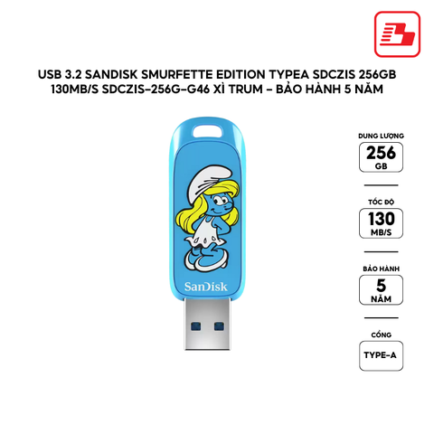 USB 3.2 Sandisk Smurfette Edition TypeA SDCZIS 256GB 130MB/s SDCZIS-256G-G46 xì trum - Bảo hành 5 năm