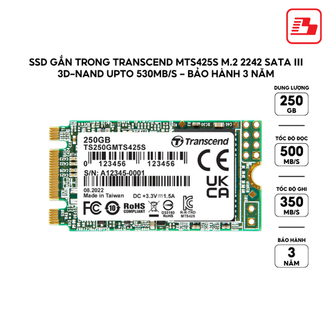 ổ cứng gắn trong 250GB SSD425S M.2 Transcend (Seq R/W: 500/330MB/s) TS250GMTS425S  - Bảo hành 3 năm