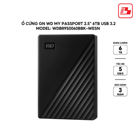 Ổ cứng di động HDD Western Digital My Passport USB 3.2 2.5 6TB 5Gbps Đen WDBR9S0060BBK-WESN - Bảo hành 3 năm