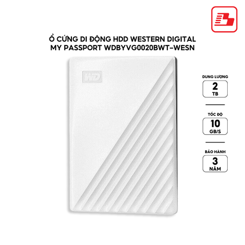 Ổ cứng di động HDD Western Digital My Passport USB 3.2 2.5 2TB 10Gbps Trắng WDBYVG0020BWT-WESN - Bảo hành 3 năm