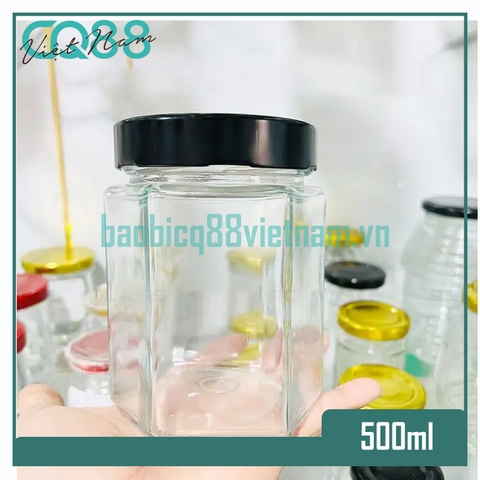 Hũ thủy tinh lục giác nắp cao 500ml