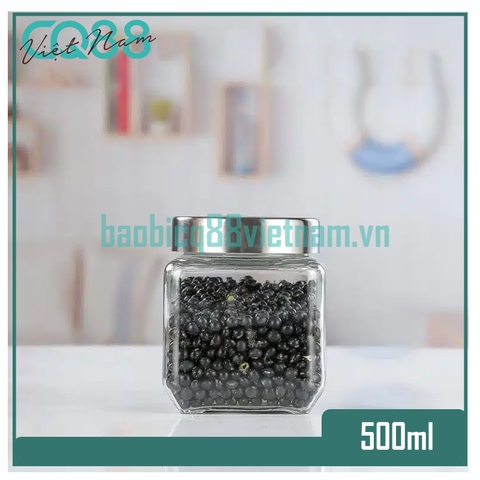 Hũ thủy tinh vuông nắp vặn inox 500ml