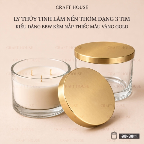 Ly Thủy Tinh Làm Nến Thơm 3 Tim Kèm Nắp Thiếc Màu Vàng Gold