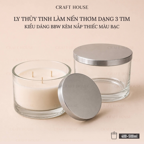Ly Thủy Tinh Làm Nến Thơm Kiểu Bath & Body Works Kèm Nắp Thiếc Màu Bạc