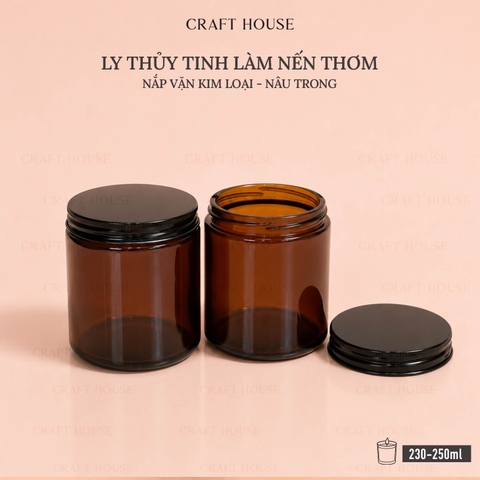 Ly Thủy Tinh Làm Nến Thơm Nắp Vặn Kim Loại 250ml - Nâu Trong