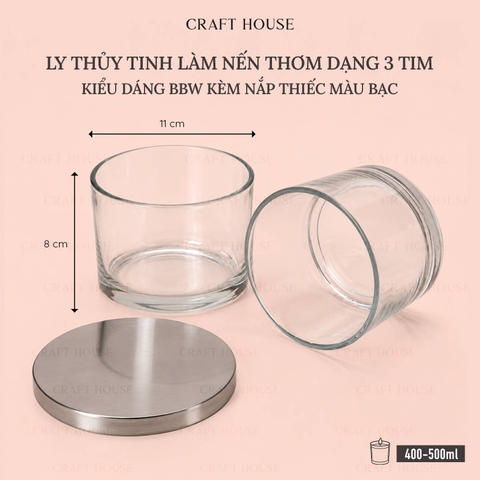 Ly Thủy Tinh Làm Nến Thơm Kiểu Bath & Body Works Kèm Nắp Thiếc Màu Bạc