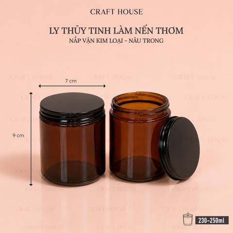 Ly Thủy Tinh Làm Nến Thơm Nắp Vặn Kim Loại 250ml - Nâu Trong