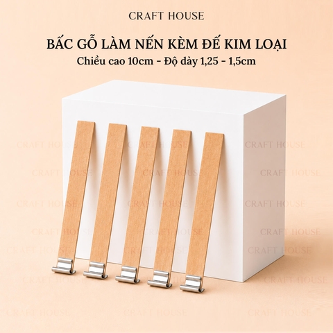 Bấc Nến Gỗ Kèm Đế Kim Loại - Dụng Cụ Làm Nến Thơm Handmade - 12,5 x 100mm