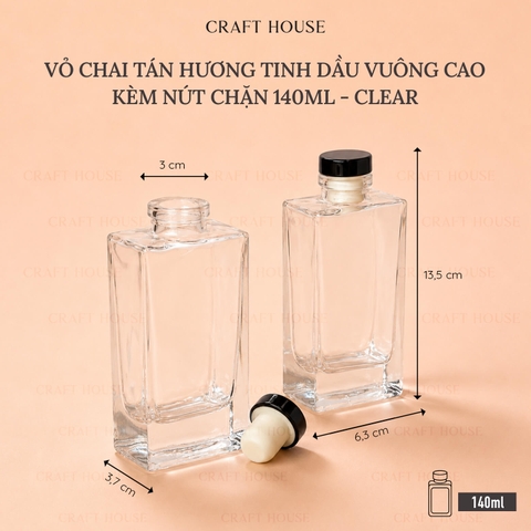 Vỏ Chai Tán Hương Tinh Dầu Vuông Cao Kèm Nút Chặn 140ml - Clear