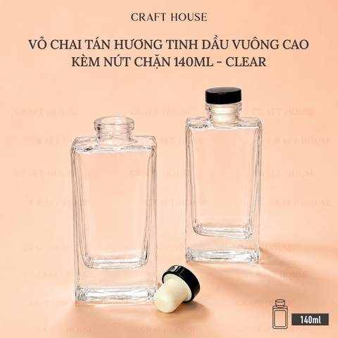 Vỏ Chai Tán Hương Tinh Dầu Vuông Cao Kèm Nút Chặn 140ml - Clear
