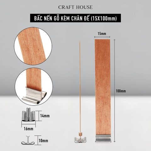 Bấc Nến Gỗ Kèm Đế Kim Loại - Dụng Cụ Làm Nến Thơm Handmade - 15mm x 100mm