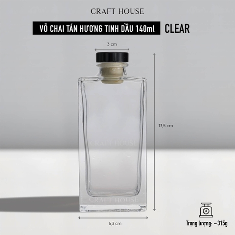 Vỏ Chai Tán Hương Tinh Dầu Vuông Cao Kèm Nút Chặn 140ml - Clear