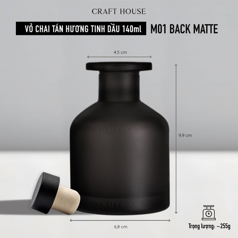 Vỏ Chai Tán Hương Tinh Dầu Kèm Nút Chặn 140ml - M01 Black Matte