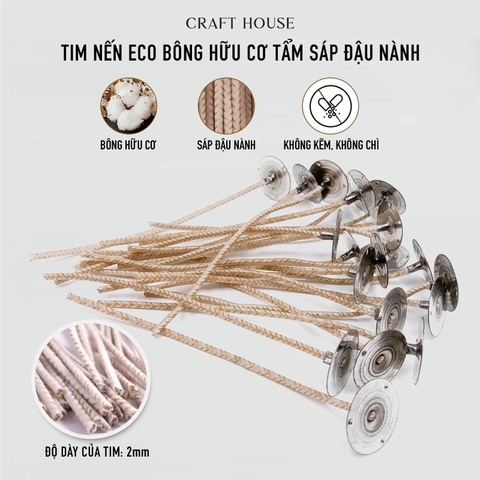 Tim Nến Eco Bông Hữu Cơ Tẩm Sáp Đậu Nành 25-35Ply Dài 8-15cm