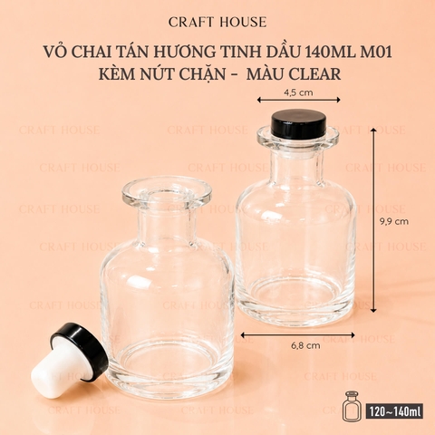 Vỏ Chai Tán Hương Tinh Dầu Dạng Tròn, Màu Clear 140ml - Kèm Nút Chặn - M01