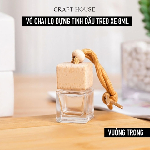 Vỏ Chai Thủy Tinh Đựng Tinh Dầu Treo Xe Ô Tô, Treo Tủ Quần Áo (Vuông Trong - 8ml)