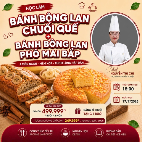 Workshop Học Làm Bánh Bông Lan Chuối Quế + Bánh Bông Lan Phô Mai Bắp PVN404