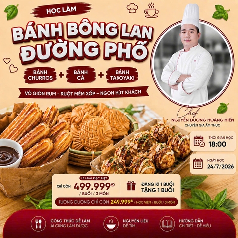 Workshop Học Làm Bánh Bông Lan Đường Phố Xài Máy Nướng Công Nghiệp : Bánh Churros, Bánh Tam Giác, Bánh Cá, Bánh Bạch Tuột PVN1835