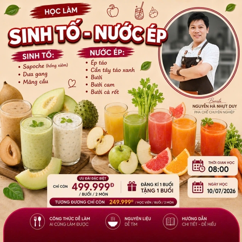 Workshop Học Làm Sinh Tố: Sapoche (Hồng Xiêm), Dưa Gang/Lưới, Mãng Cầu, Chuối, Ép Táo, Cần Tây Táo Xanh, Bưởi, Bưởi Cam, Bưởi Cà Rốt