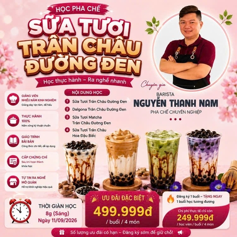 Workshop Học Làm  Sữa Tươi Trân Châu Đường Đen: Sữa Tươi Trân Châu Đường Đen + Dalgona Trân Châu Đường Đen + Sữa Tươi matcha Trân Châu Đường Đen + Sữa Tươi Trân Châu Hoa Đậu Biếc PVN698